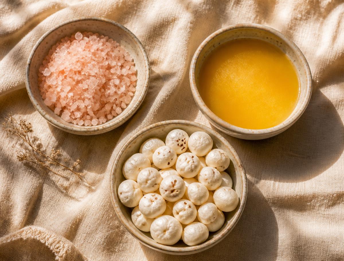 Rock salt, desi ghee and raw phool makhana in three bowls