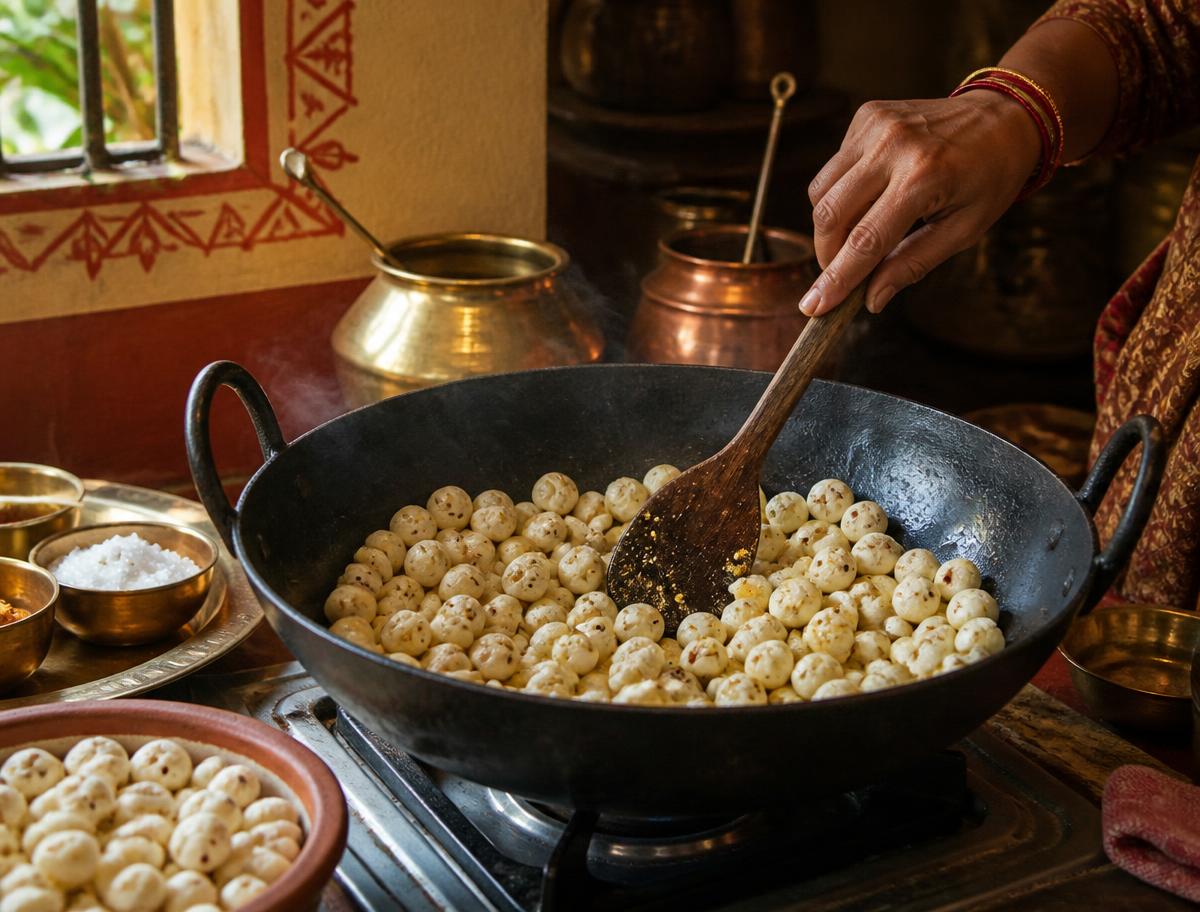 Makhana being stirred in a cast-iron kadhai